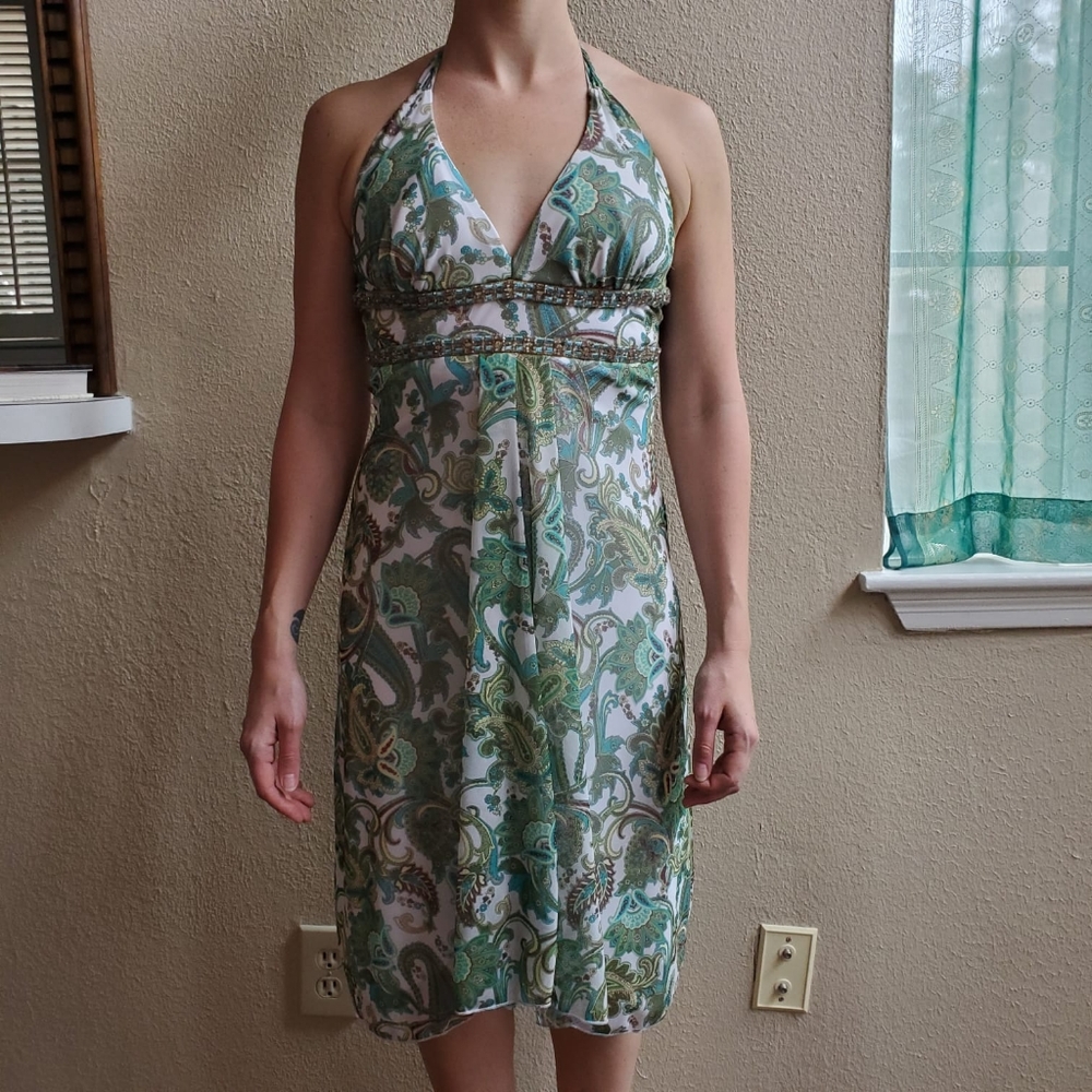 Patterned mesh, hi-low halter top dress, Sz S
